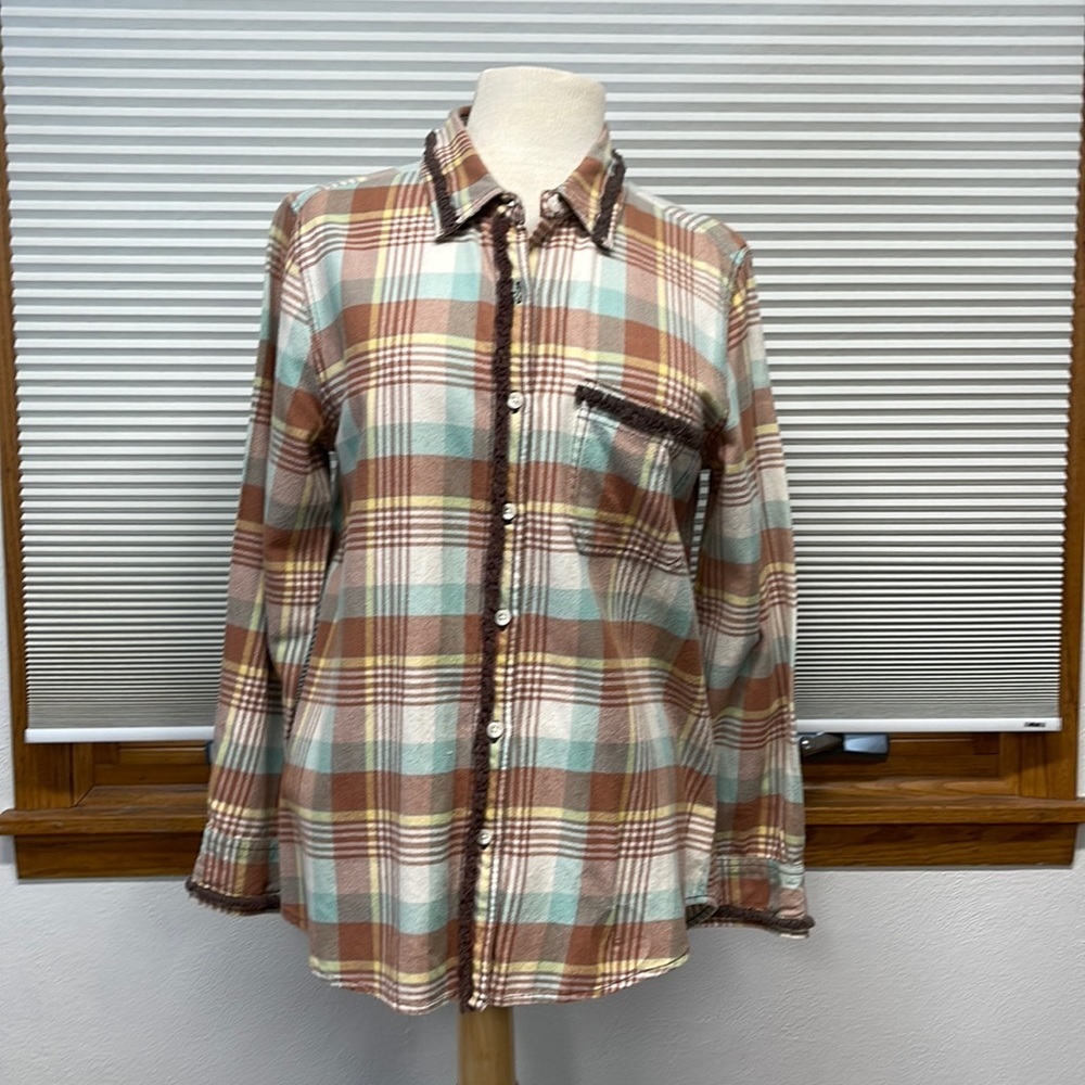 Dylan by True Grit Burnt Orange Plaid Fringe Detail Button Down Plaid Shirt